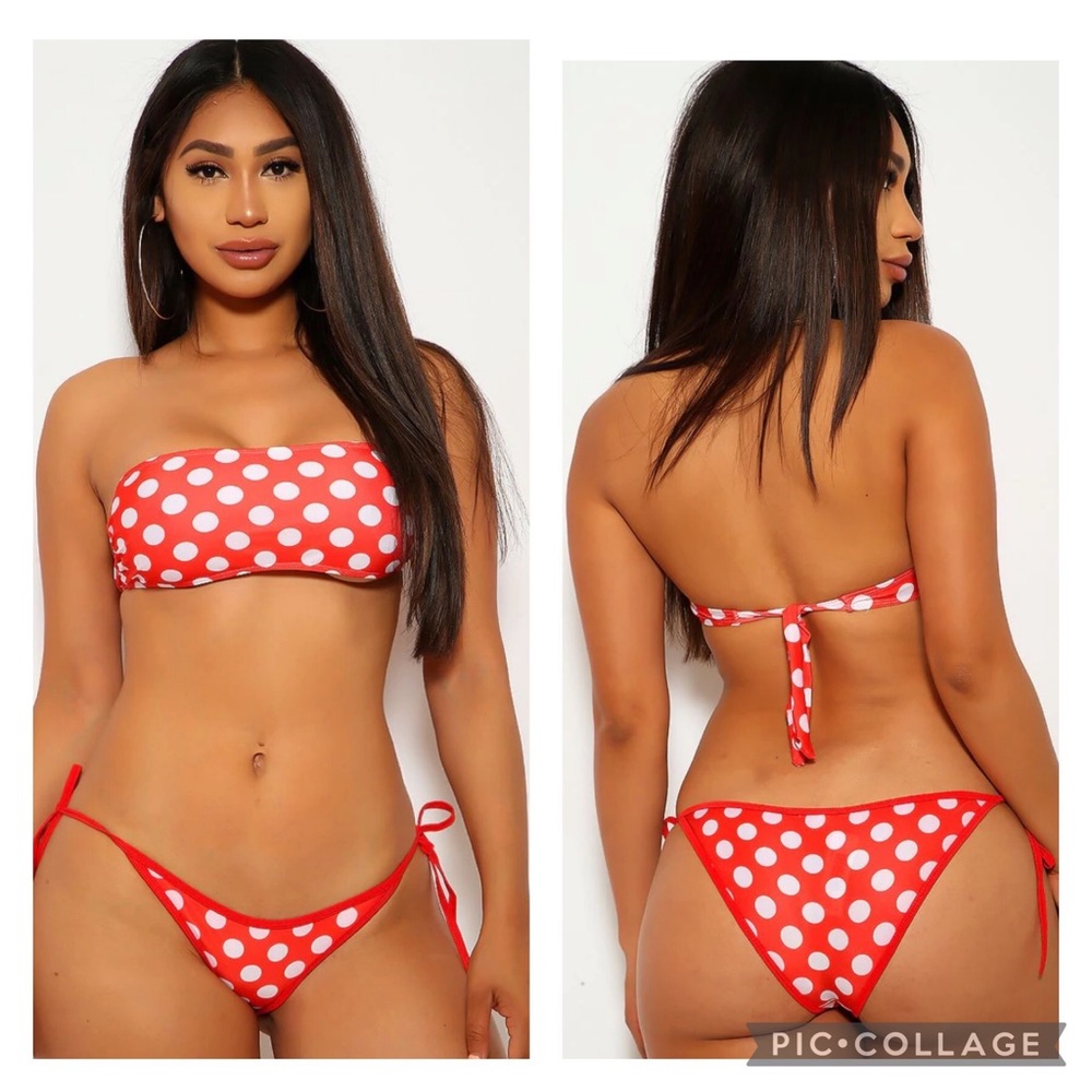 NEW! 2 piece Bandeau Red & White Polka Dot Tie On Fashion Swimsuit Bikini!